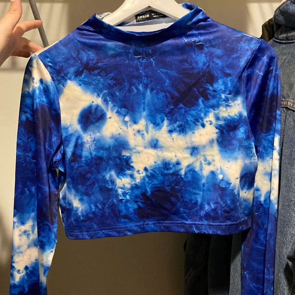 SHEin Blue White Long Sleeve Crop Top Medium Size